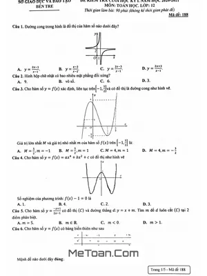 Đề thi học kỳ 1 Toán 12 năm 2020 - 2021 sở GD&ĐT Bến Tre
