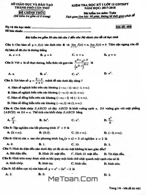 Đề thi học kỳ 1 Toán lớp 12 năm 2017-2018 sở GD&ĐT Cần Thơ - Có đáp án