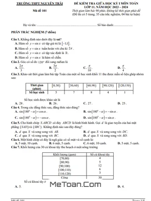 Đề giữa học kỳ 1 Toán 11 năm 2023 – 2024 trường THPT Nguyễn Trãi – Thanh Hoá