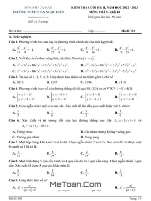 Đề thi cuối kỳ 2 Toán 10 năm 2022 – 2023 trường THPT Phan Ngọc Hiển – Cà Mau