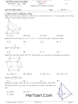 Đề thi HK1 Toán 11 năm 2023 - 2024 trường THPT Tân Bình - TP.HCM (Có đáp án)