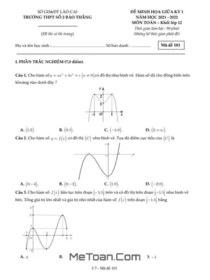 Đề Minh Họa Giữa Kỳ 1 Toán 12 Năm 2021 - 2022 Trường THPT Bảo Thắng 2 - Lào Cai