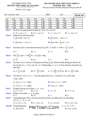 Đề thi HK2 Toán 12 năm 2021 - 2022 trường THPT Triệu Quang Phục - Hưng Yên (có đáp án)