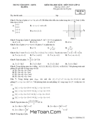 Đề thi HK2 môn Toán lớp 12 năm 2016 - 2017 trường Trung tâm GDNN - GDTX Hạ Hòa (có đáp án)