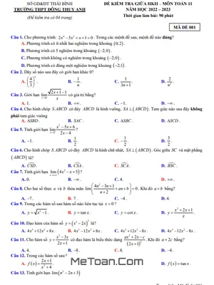 Đề giữa HK2 Toán 11 năm 2022 - 2023 trường THPT Đông Thụy Anh - Thái Bình