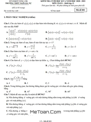 Đề thi cuối kỳ 2 Toán 11 năm 2020 - 2021 trường THPT Ngô Gia Tự - Đắk Lắk