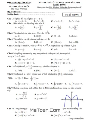 Đề thi thử THPT Quốc gia 2023 môn Toán sở GD&ĐT Quảng Bình (Mã đề 001)