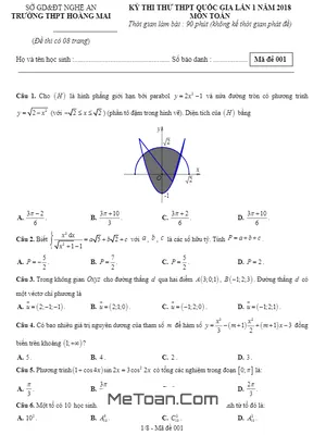 Đề thi thử Toán THPTQG 2018 trường THPT Hoàng Mai – Nghệ An lần 1 có đáp án