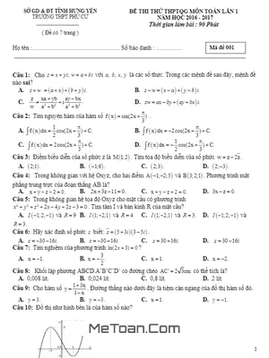Đề thi thử THPT Quốc gia 2017 môn Toán trường THPT Phù Cừ - Hưng Yên lần 1