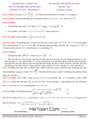 10 Đề Thi Thử THPT Quốc Gia 2016 Môn Toán - Trung Tâm Hiếu Học Minh Châu - Giai Đoạn 2
