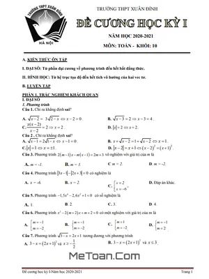 Đề Cương Ôn Tập Học Kỳ 1 Toán 10 Năm 2020 - 2021 Trường THPT Xuân Đỉnh - Hà Nội