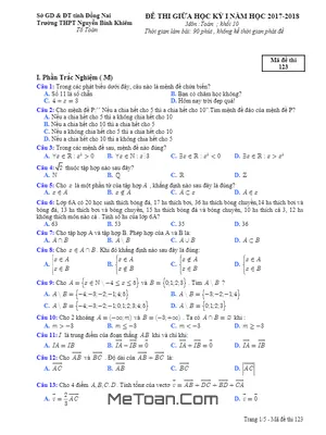 Đề thi giữa kì 1 môn Toán 10 năm 2017 - 2018 trường THPT Nguyễn Bỉnh Khiêm - Đồng Nai (có lời giải)