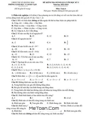 Đề thi học kì 1 Toán lớp 6 năm 2023 - 2024 phòng GD&ĐT Hoàng Mai - Nghệ An