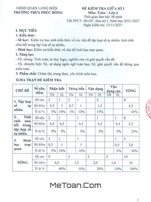 Đề thi giữa kì 1 Toán lớp 6 năm 2021 - 2022 trường THCS Phúc Đồng - Hà Nội (có đáp án)