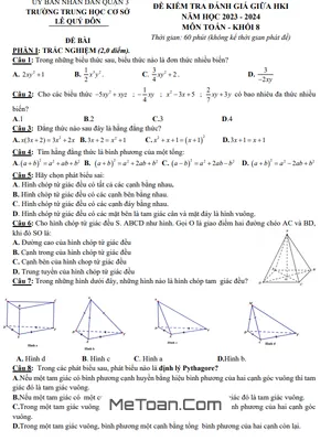 Đề tham khảo giữa kỳ 1 Toán 8 năm 2023 - 2024 trường THCS Lê Quý Đôn - TP HCM