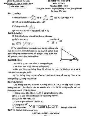 Đề Thi Học Kì 1 Toán 9 Năm 2023 - 2024 Phòng GD&ĐT Bắc Từ Liêm - Hà Nội