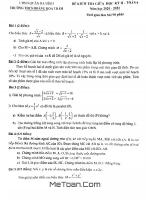 Đề thi giữa HK2 môn Toán lớp 9 năm 2020 - 2021 trường THCS Hoàng Hoa Thám - Hà Nội