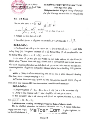 Đề khảo sát Toán 9 năm 2022 – 2023 phòng GD&ĐT An Dương – Hải Phòng