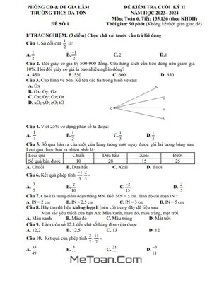 Đề thi học kỳ 2 môn Toán lớp 6 năm 2023 - 2024 trường THCS Đa Tốn - Hà Nội
