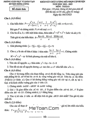 Đề KSCL mũi nhọn Toán 8 năm 2022 - 2023 phòng GD&ĐT Nông Cống - Thanh Hóa