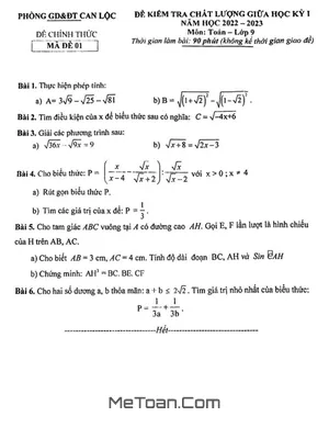 Đề thi giữa học kỳ 1 Toán 9 năm 2022-2023 phòng GD&ĐT Can Lộc - Hà Tĩnh