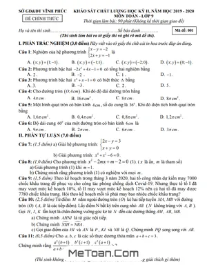 Đề thi học kỳ 2 môn Toán lớp 9 năm 2019 - 2020 Sở GD&ĐT Vĩnh Phúc