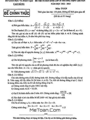 Đề thi Tuyển sinh Lớp 10 THPT Chuyên Toán Sở GD&ĐT Cao Bằng Năm 2022 - 2023