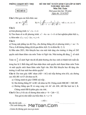 Đề thi thử Toán vào lớp 10 năm 2021 – 2022 phòng GD&ĐT Đức Thọ - Hà Tĩnh