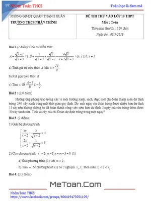 Đề thi thử vào lớp 10 môn Toán năm 2018 trường THCS Nhân Chính – Hà Nội (Có lời giải)
