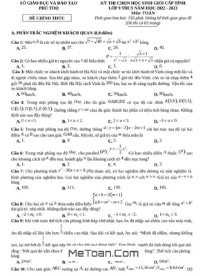 Đề thi học sinh giỏi cấp tỉnh môn Toán 9 năm 2022 - 2023 sở GD&ĐT Phú Thọ