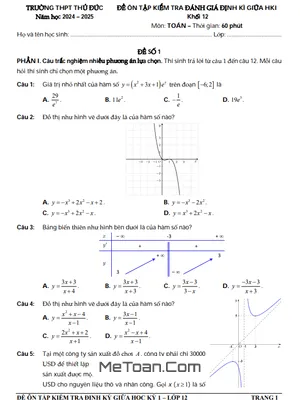 Đề Ôn Tập Giữa Học Kỳ 1 Toán 12 Năm 2024 - 2025 Trường THPT Thủ Đức - TP HCM