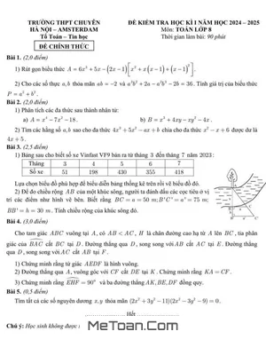Đề thi học kì 1 Toán 8 năm 2024 - 2025 trường THPT chuyên Hà Nội - Amsterdam