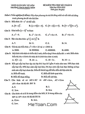 Đề thi học kì 1 Toán 8 năm 2024 - 2025 trường THCS Phúc Diễn - Hà Nội
