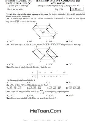 Đề Thi Cuối Học Kỳ 1 Môn Toán 12 THPT Phú Lộc, Huế (2025-2026) Có Lời Giải Chi Tiết