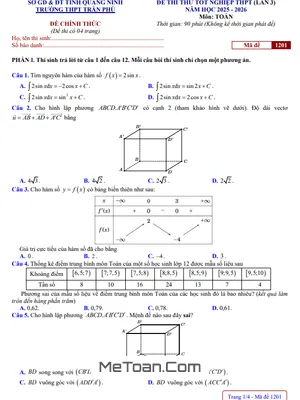Đề thi thử TN THPT 2026 môn Toán lần 3 trường THPT Trần Phú – Quảng Ninh