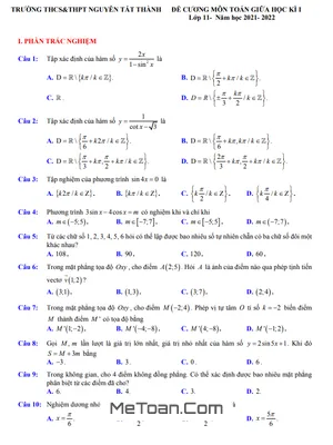 Đề Cương Toán 11 Giữa Kì 1 Năm 2021 - 2022 Trường Nguyễn Tất Thành - Hà Nội