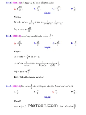 Bài Tập Trắc Nghiệm Tích Vô Hướng Của Hai Vectơ Và Ứng Dụng Có Lời Giải Chi Tiết