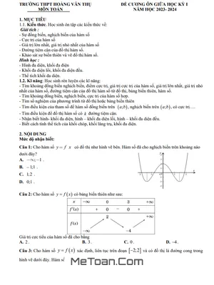Đề Cương Ôn Tập Giữa Kỳ 1 Toán 12 Năm 2023 - 2024 Trường THPT Hoàng Văn Thụ - Hà Nội