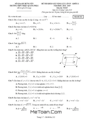 Đề khảo sát năng lực Toán 11 năm 2018 - 2019 trường Triệu Quang Phục - Hưng Yên lần 4