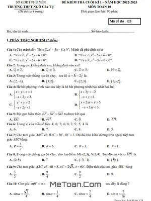 Đề Thi Học Kì 1 Toán 10 Năm 2022 - 2023 Trường THPT Ngô Gia Tự - Phú Yên