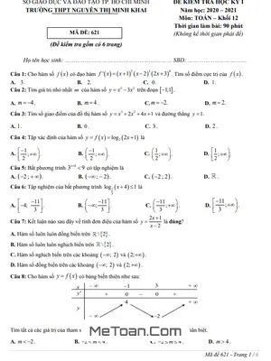 Đề thi HK1 Toán 12 năm 2020 - 2021 trường THPT Nguyễn Thị Minh Khai - TP HCM