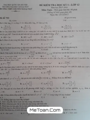 Đề thi HK1 Toán 12 năm 2017 - 2018 trường THPT Chuyên Ngoại Ngữ - Hà Nội