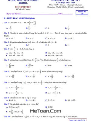 Đề Thi Giữa Kì 1 Toán 11 Năm 2023 - 2024 Trường THPT Trần Kỳ Phong - Quảng Ngãi