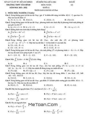 Đề thi giữa HK2 Toán 12 năm 2021 - 2022 trường THPT Tân Bình - TP HCM