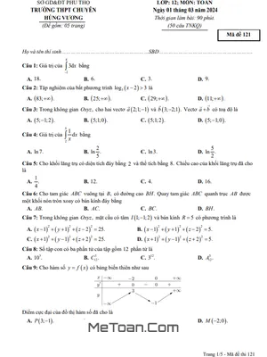 Đề khảo sát lần 2 Toán 12 năm 2023 - 2024 trường THPT chuyên Hùng Vương - Phú Thọ