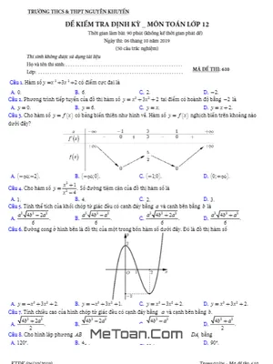 Đề kiểm tra định kỳ Toán 12 năm 2019 - 2020 trường Nguyễn Khuyến - TP HCM (06/10/2019)