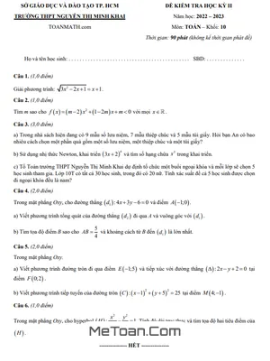 Đề thi học kỳ 2 Toán 10 năm 2022 - 2023 trường THPT Nguyễn Thị Minh Khai - TP HCM