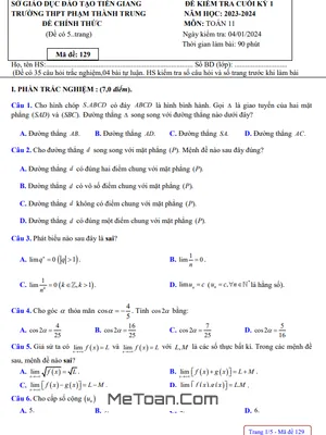 Đề thi học kỳ 1 Toán 11 năm 2023 - 2024 trường THPT Phạm Thành Trung - Tiền Giang