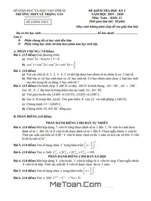 Đề thi học kì 1 Toán 11 năm 2019 - 2020 trường THPT Lê Trọng Tấn - TP HCM