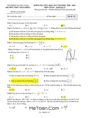 Đề thi giữa HK1 Toán 12 năm 2020 - 2021 trường THPT Thái Phiên - Quảng Nam